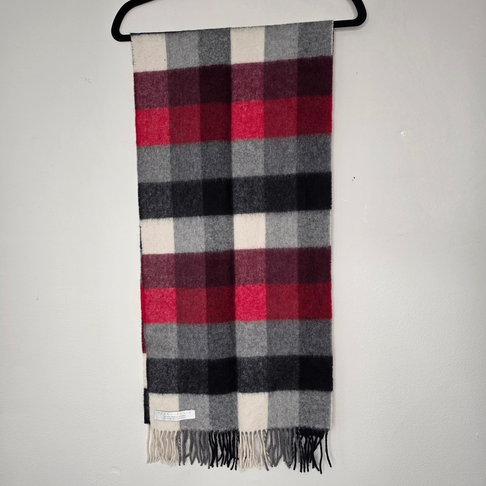 Perry Ellis Scarf Women OS Red Plaid 100% Wool Germany Winter Fringe Warm Money